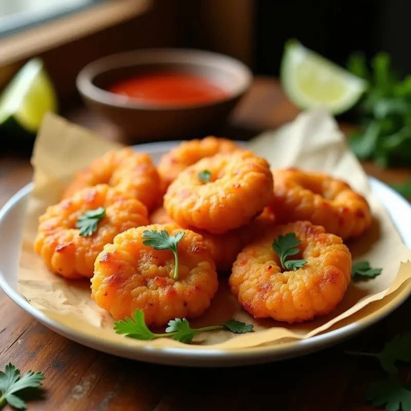 Plato de tortas de camarones colombianas doradas y crujientes, servidas sobre papel absorbente con rodajas de limón y salsa de ají al lado.