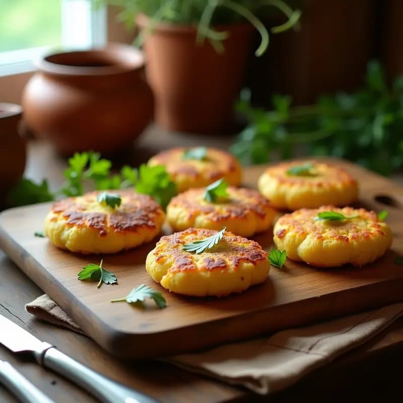 Tortas de patata y calabacín doradas al horno sobre una bandeja de madera, con perejil fresco espolvoreado y un fondo rústico de cocina española tradicional.