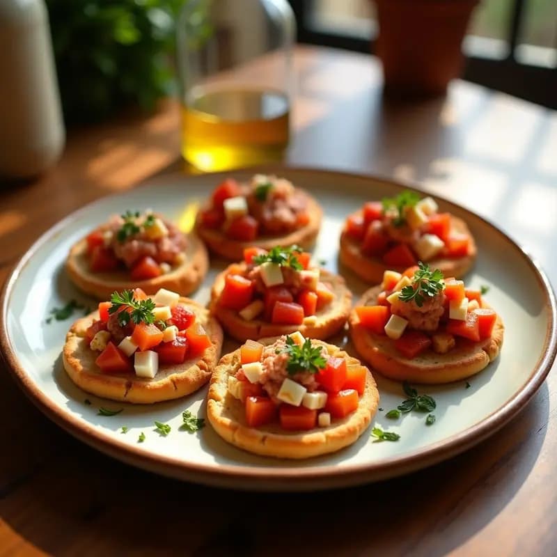 Tortas de gazpacho tostadas con mezcla fría de atún desmenuzado, pimiento del piquillo asado, huevo duro y perejil fresco, servidas en plato rústico de barro. Tapa cordobesa fría tradicional.