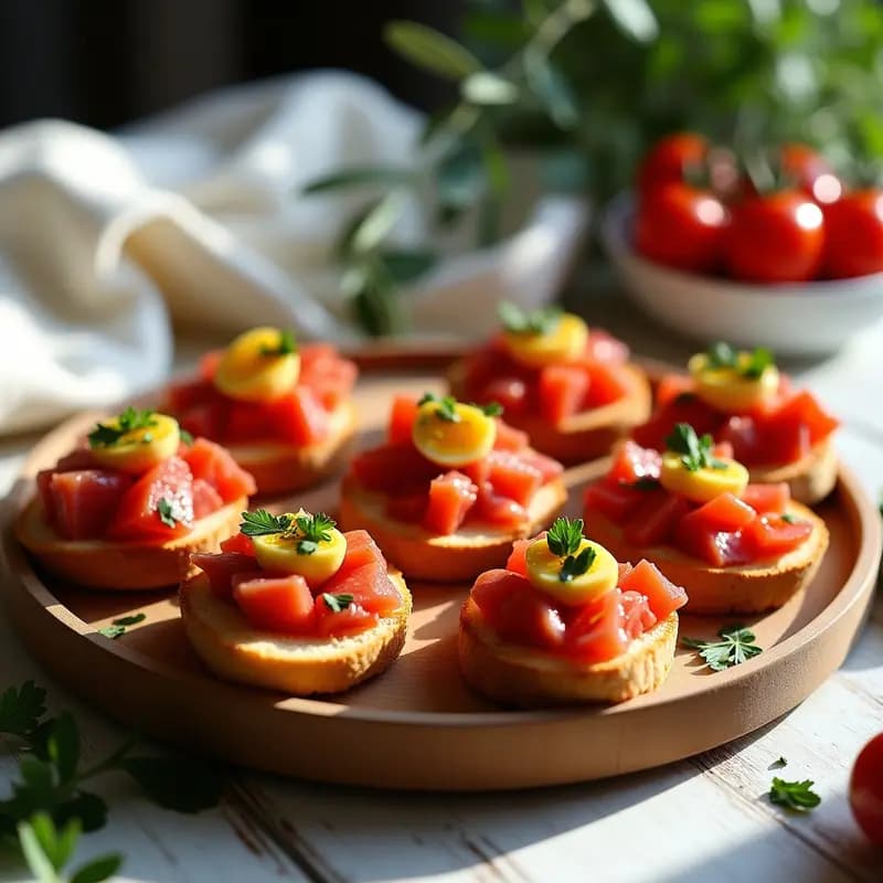 Tortas de gazpacho cordobés servidas en plato de madera rústico, con rebanadas de pan tostado cubiertas de tomate picado, jamón serrano y perejil fresco, aperitivo frío tradicional andaluz.