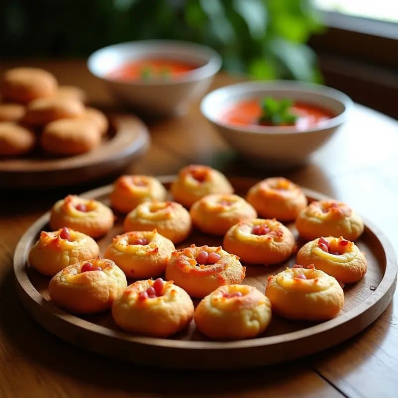 Tortas de Gazpacho Extremeñas doradas y crujientes sobre una bandeja de madera, con taquitos de jamón serrano asomando en el centro y un espolvoreado de pimentón de la Vera, acompañadas de un bol de gazpacho espeso al fondo.