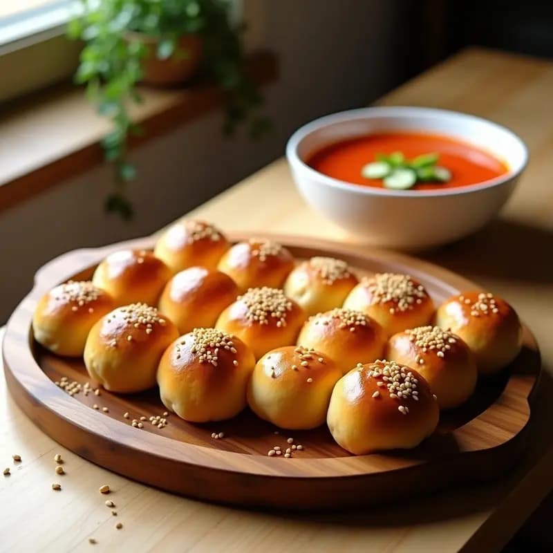 Tortas de gazpacho doradas y esponjosas sobre una bandeja de madera rústica, espolvoreadas con semillas de sésamo, acompañadas de un bol de gazpacho fresco.