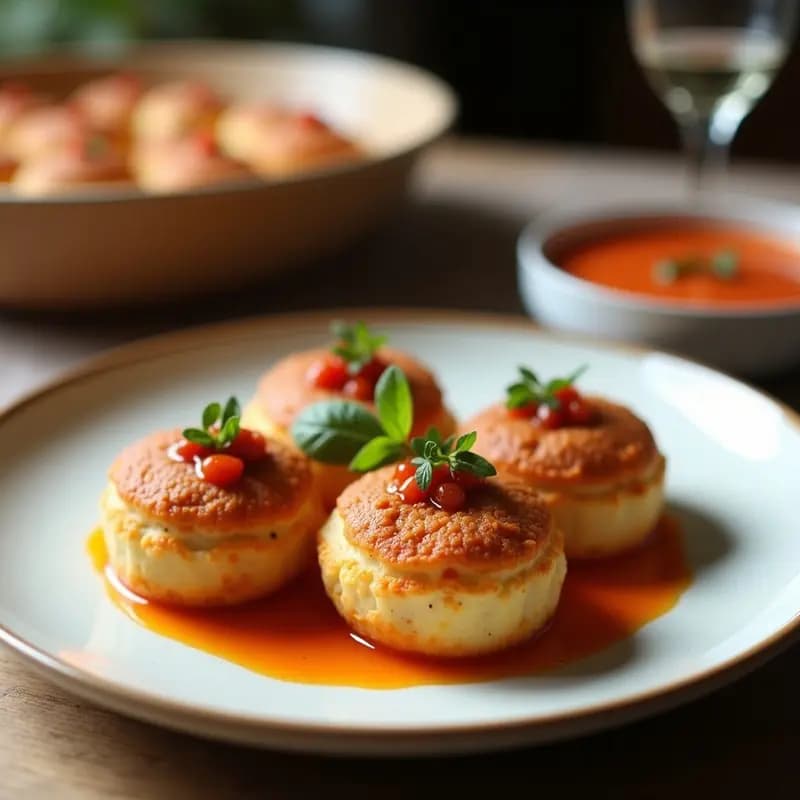 Plato blanco rústico con tortas de gazpacho doradas y crujientes, cubiertas con ventresca de atún desmenuzada y tiras de pimiento rojo asado. Tapa cordobesa gourmet con toque tradicional.