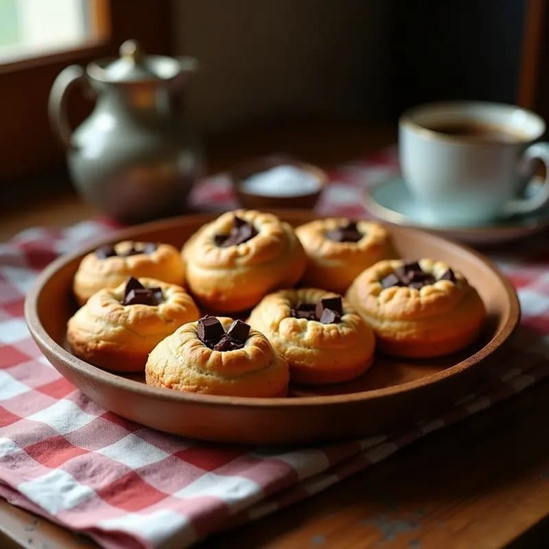 Bandeja de madera con tortas de harina con chocolate andaluzas, doradas y esponjosas, con trocitos de chocolate visible en la superficie, sobre un mantel rústico de tela a cuadros.