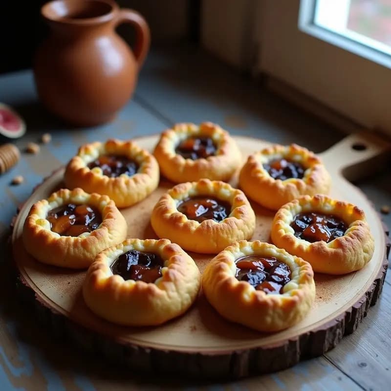 Tortas de higos y queso azul portuguesas sobre bandeja de madera rústica, con relleno cremoso asomando entre una masa dorada y crujiente de harina de castaña, decoradas con miel de romero y almendras fileteadas.