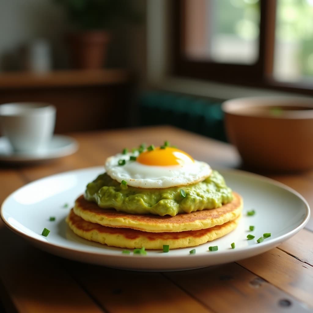 Plato blanco con dos tortas de maíz doradas y esponjosas, cubiertas con aguacate cremoso y huevo poché de yema líquida, decorado con cilantro fresco. Desayuno colombiano keto y saciante.