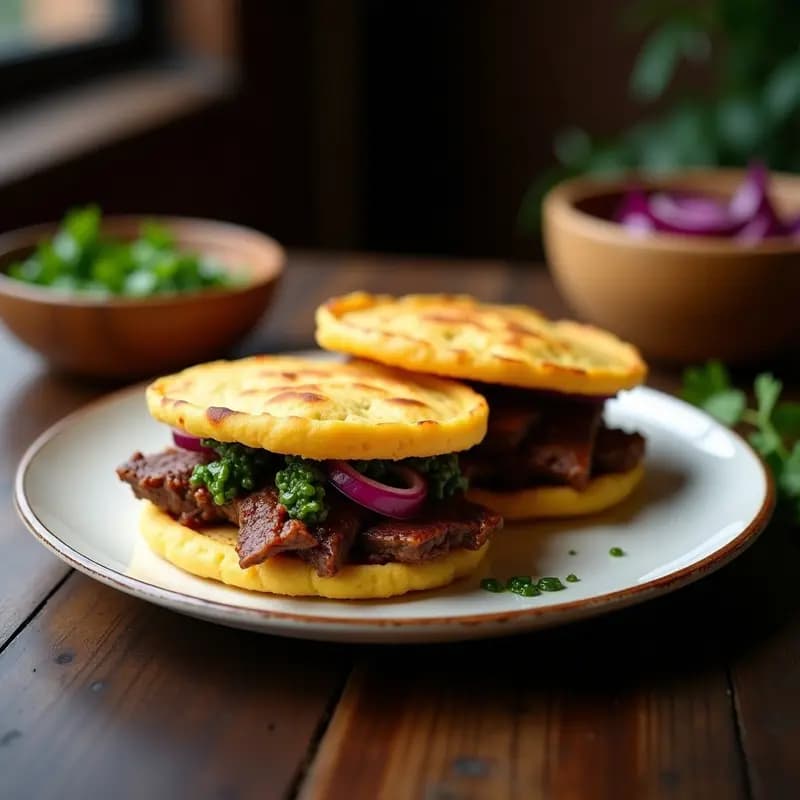 Tortas de maíz doradas rellenas de asado de tira jugoso, cebolla morada y pimentón, servidas con chimichurri fresco. Receta chilena en sandwichera.