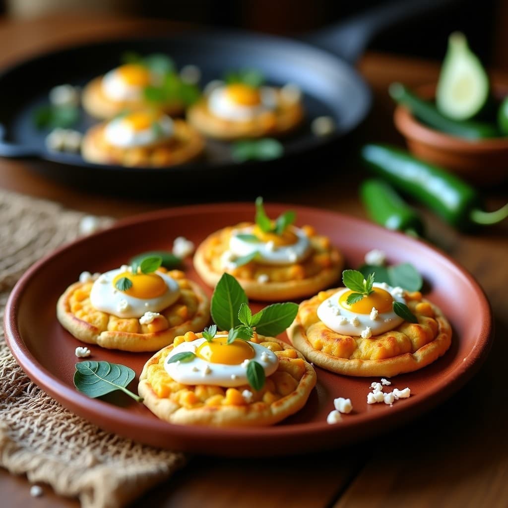 Tortas de maíz azul doradas en comal, rellenas de huitlacoche y flor de calabaza, servidas con crema mexicana y huevos de codorniz sobre un plato de barro rústico.