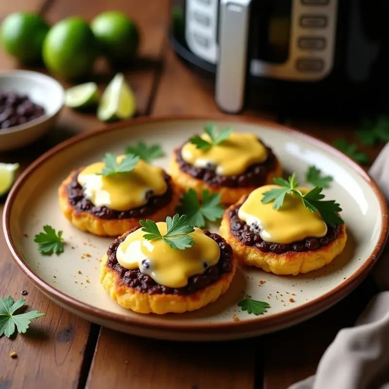 Tortas de maíz keto doradas en airfryer rellenas de queso vegano derretido y frijoles negros, servidas en plato rústico con cilantro fresco y rodajas de limón.