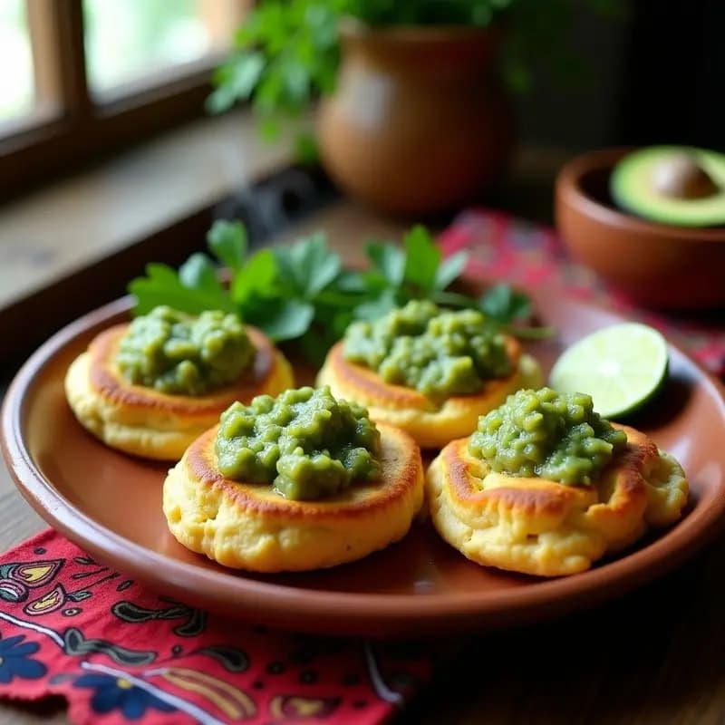 Tortas de maíz azul doradas rellenas de queso fresco desmenuzado, acompañadas de salsa verde espesa y hojas de cilantro fresco sobre un plato de barro rústico.