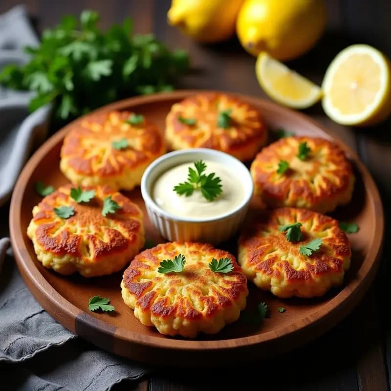 Tortas de papa y atún doradas y crujientes servidas en un plato de madera con mayonesa de ajo cremosa en un bol pequeño, decoradas con perejil fresco y rodajas de limón. Receta argentina para aperitivo en airfryer.