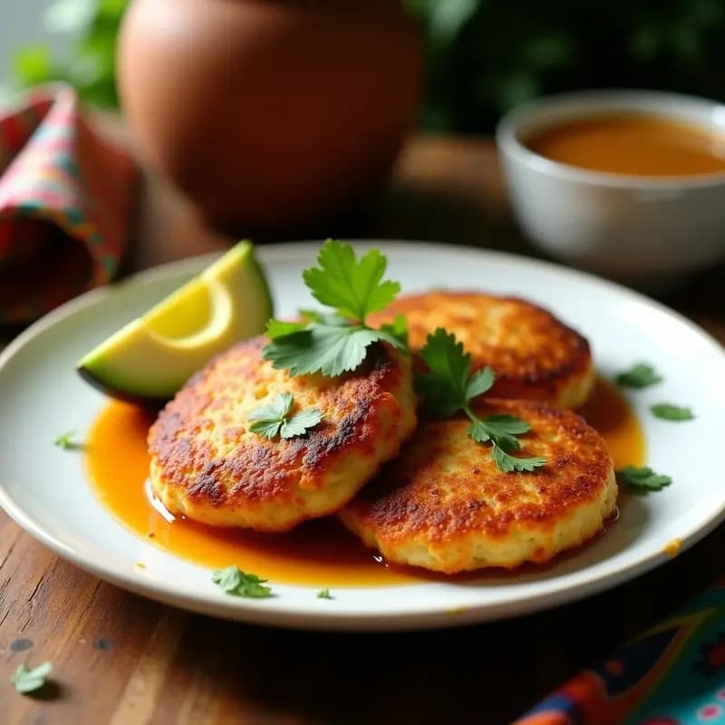 Tortas doradas y crujientes de papa rellenas de atún, servidas en un plato rústico de barro con salsa golosa espesa de color ámbar. Acompañadas de rodajas de limón y cilantro fresco. Receta colombiana en airfryer alta en proteína.