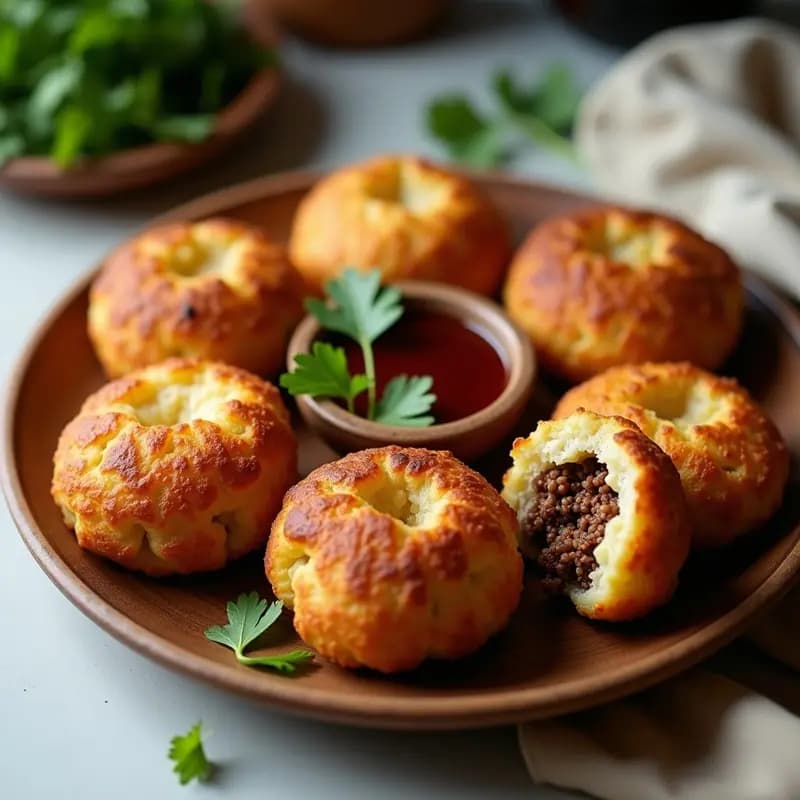 Tortas de papa doradas y crujientes rellenas de carne molida, servidas en un plato de madera rústico con hojas de cilantro fresco y una salsa hogao al lado. Receta colombiana en airfryer.