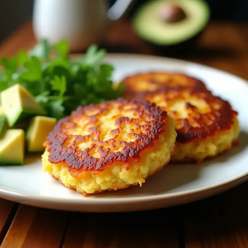 Tortas doradas y crujientes de papa rallada con trozos de queso halloumi dorado asomando, servidas en un plato blanco con hojas de cilantro fresco y acompañadas de aguacate en cubos. Receta colombiana sin gluten para desayunar.