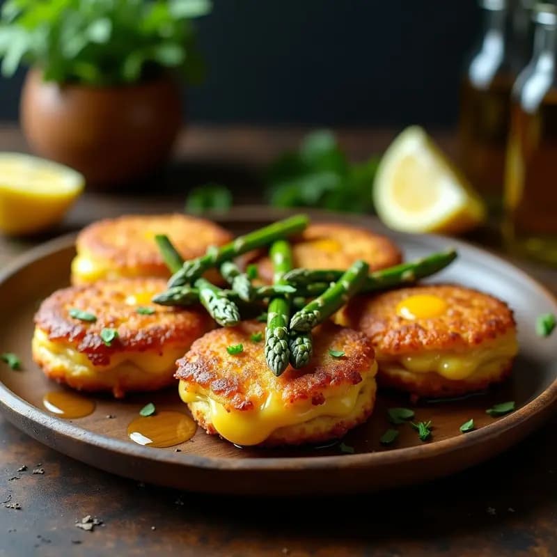Tortas de papa doradas y crujientes rellenas de merluza y espárragos trigueros, servidas en un plato de madera con hierbas frescas y rodajas de limón, receta chilena en airfryer.