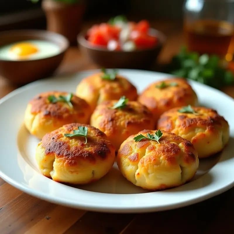 Tortas de papa rellenas de pino y huevo, doradas y crujientes por fuera, servidas en un plato rústico con salsa criolla. Receta chilena tradicional y contundente.