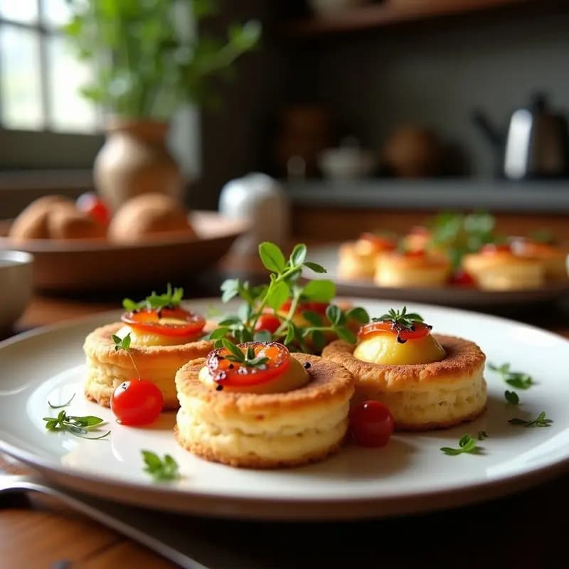 Plato rústico con tortas de Sacromonte doradas y crujientes, rellenas de sesos y mollejas, servidas sobre papel absorbente con perejil fresco espolvoreado. Tapa tradicional granadina.