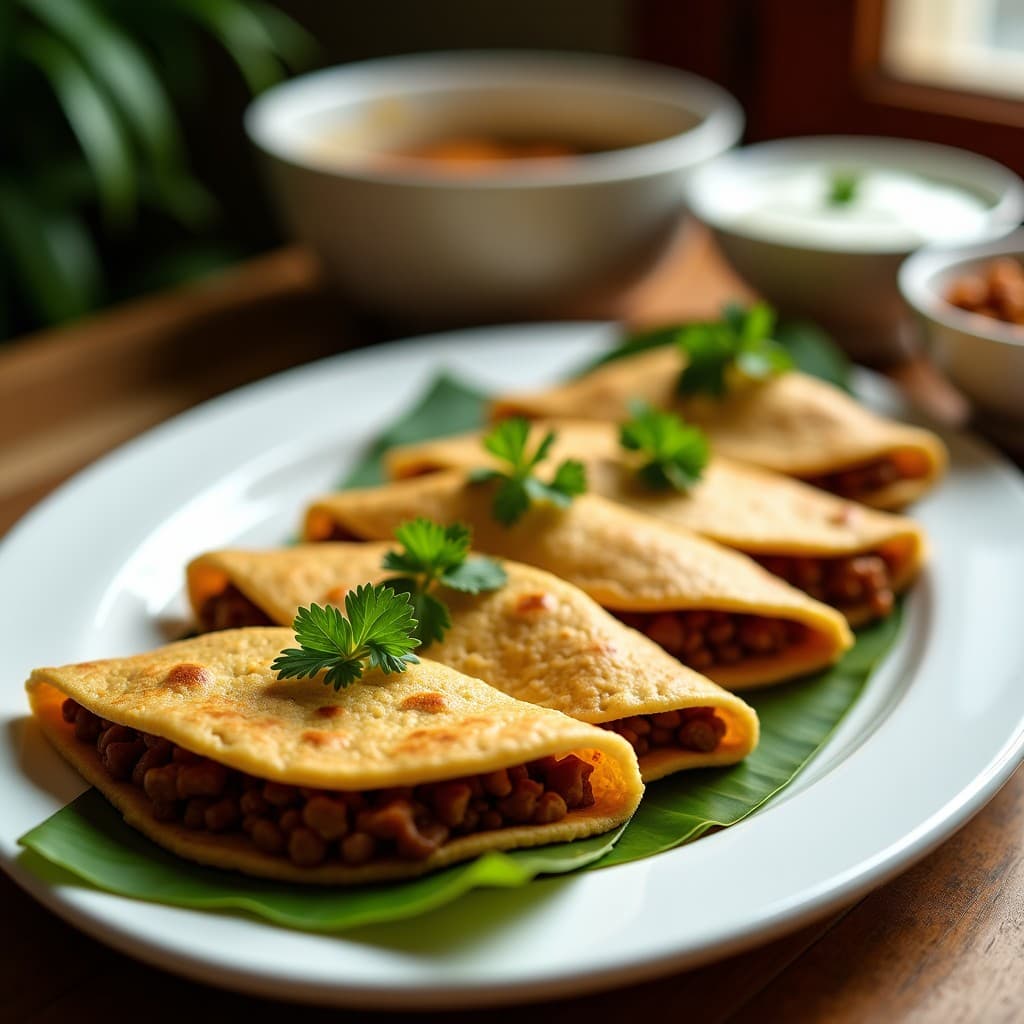 Plato con tortas de yuca doradas y crujientes por fuera, rellenas de picadillo de lentejas y pasas, servidas sobre una hoja de plátano con perejil fresco y una salsa cremosa al lado. Receta colombiana vegana y sin gluten.
