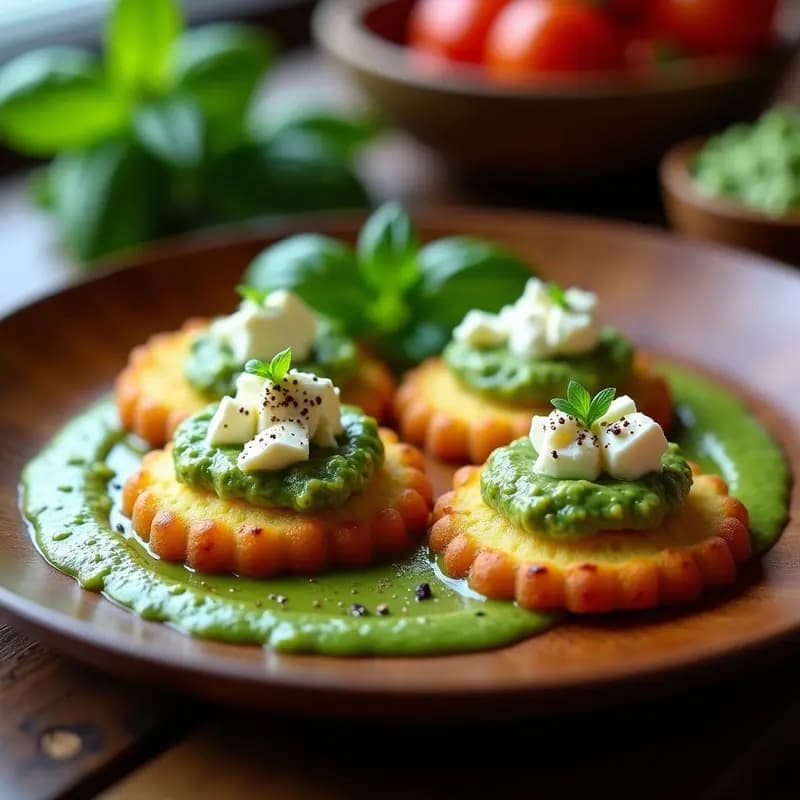 Tortas doradas de yuca crujientes con trozos de queso feta desmenuzado y una salsa verde vibrante de pesto de albahaca, servidas en plato de madera rústico.