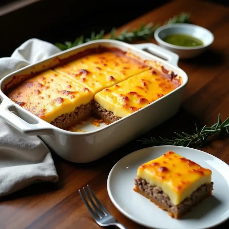 Torté de papa uruguayo horneado en molde rectangular, con capas visibles de papa dorada, carne molida y queso fundido gratinado, servido en porción cuadrada sobre plato blanco.