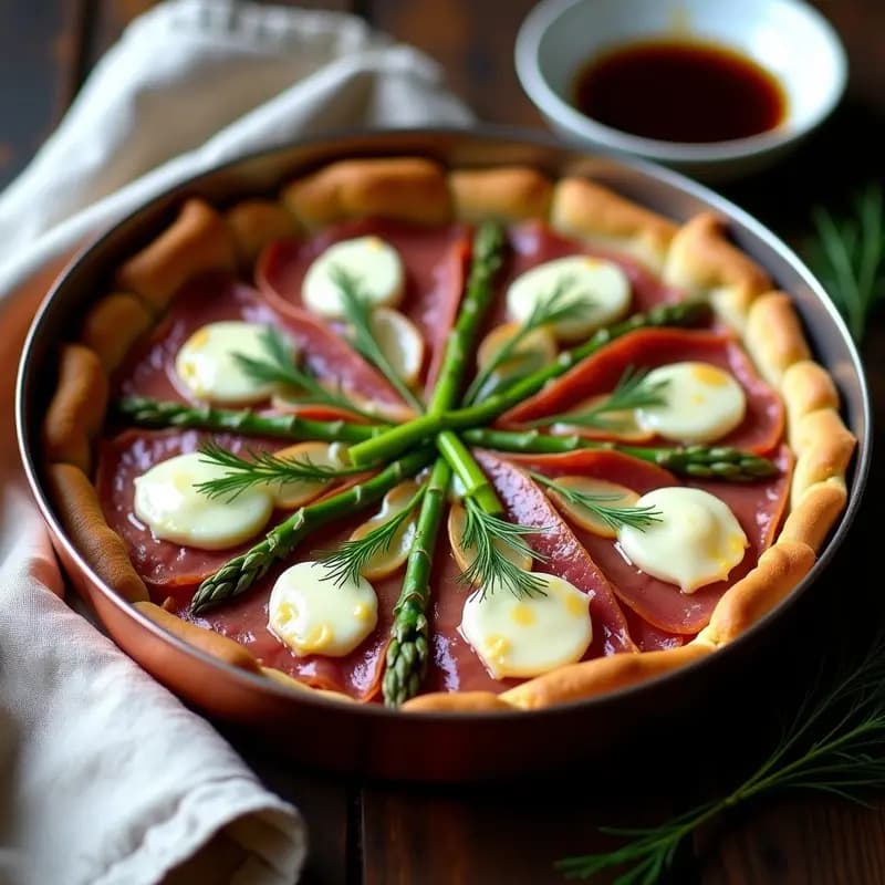 Torte de espárragos blancos y prosciutto con queso de cabra en molde de cobre, cortada en porciones con capas visibles de espárragos, jamón y queso fundido, decorada con eneldo fresco sobre mesa de madera rústica.
