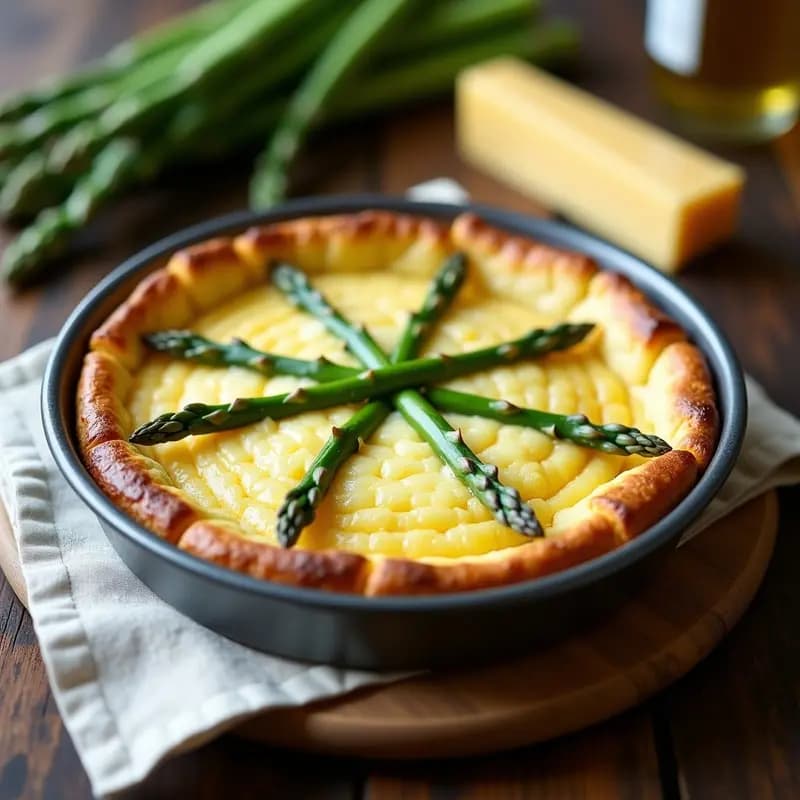 Torte dorada de espárragos y queso Gruyère en molde redondo, con superficie esponjosa y trozos de espárragos blancos visibles, lista para cortar en porciones para tupper.
