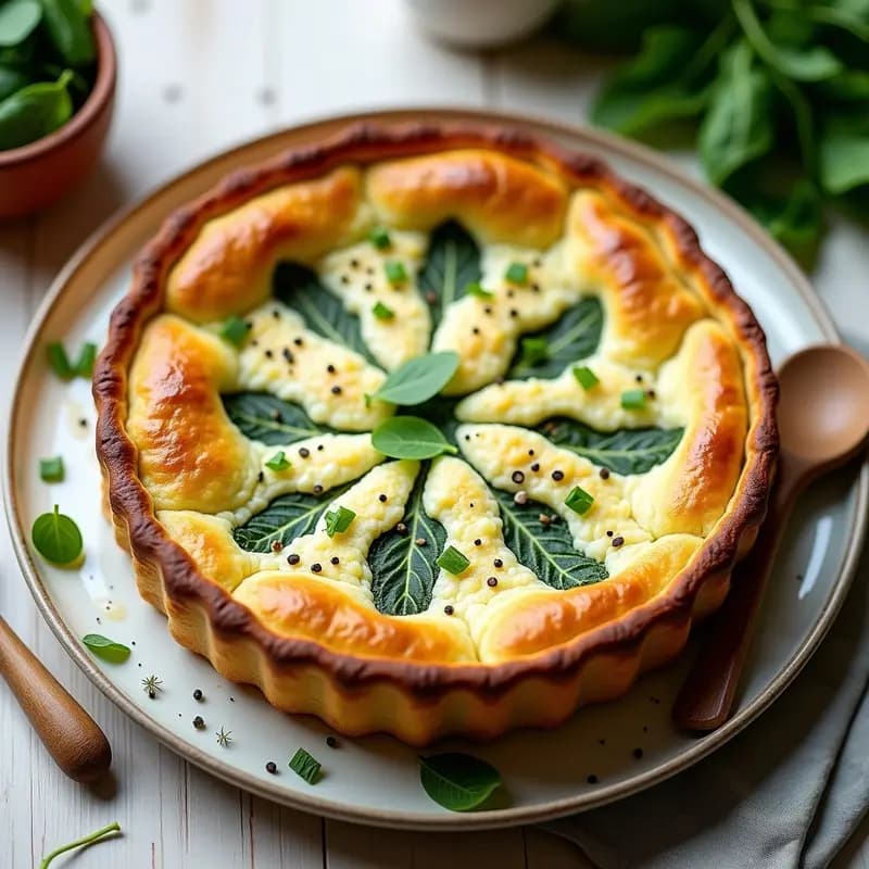 Torte alemana dorada de espinacas y queso requesón sin harina, cortada en porciones, con textura esponjosa y semillas de amapola visibles, servida en plato blanco rústico con fondo de madera.
