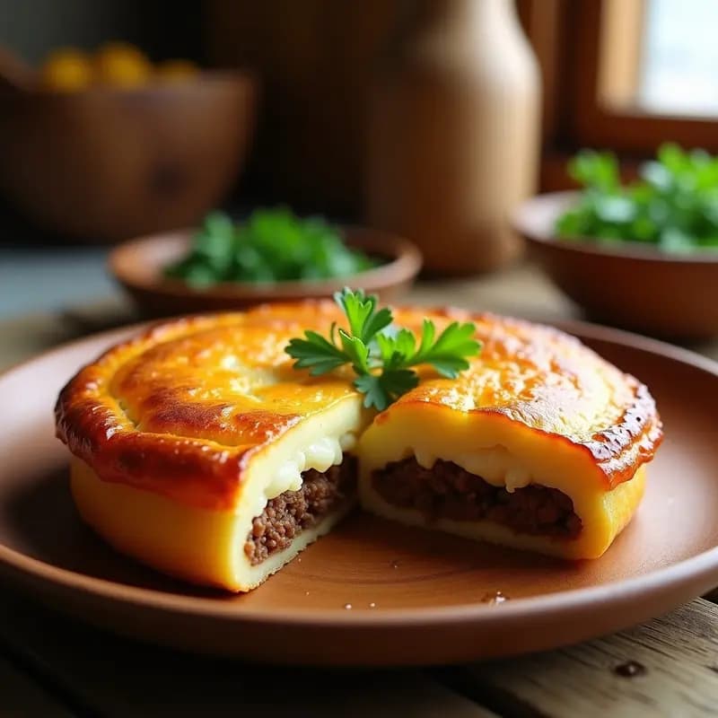 Torte de Papa y Carne Picada empanado argentino tradicional en Airfryer, con capas visibles de puré de papa cremoso y carne picada, cubierto por un empanado dorado y crujiente, servido en porciones sobre un plato rústico de madera.