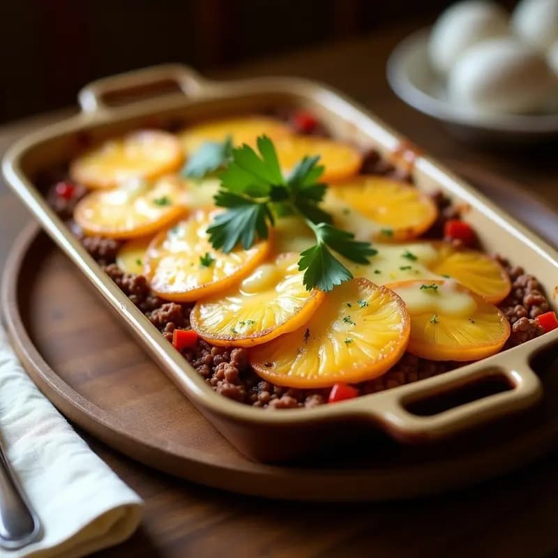 Torte de papa colombiano en capas con base de plátano maduro, relleno de carne molida especiada, huevo duro y queso mozzarella gratinado, servido en molde rectangular.