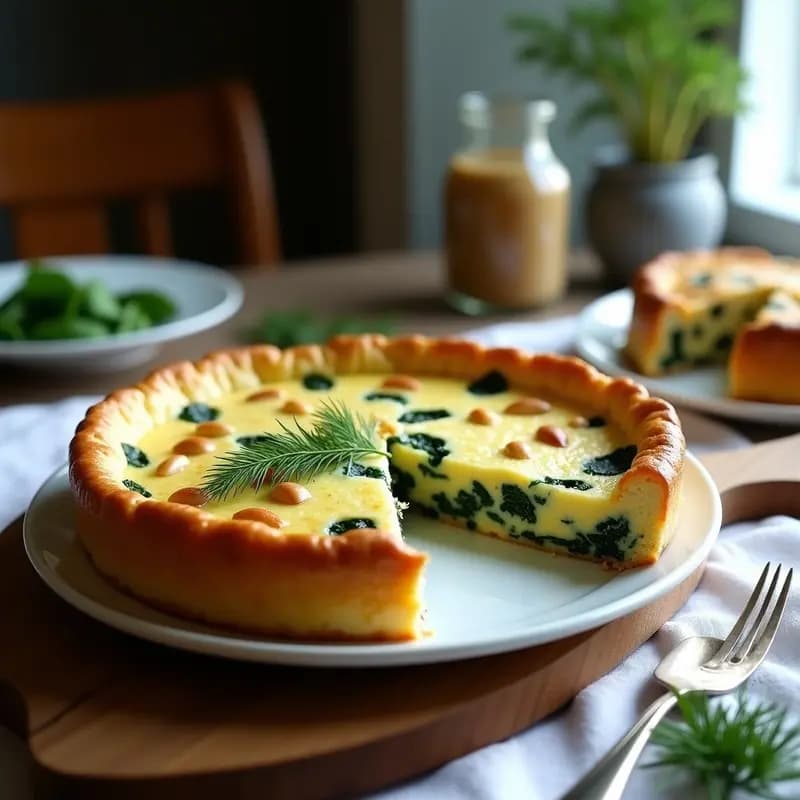 Torte alemán de queso y espinacas con masa de almendra sin gluten, horneado en molde redondo, con superficie dorada y piñones tostados. Cortado en porción para mostrar el relleno cremoso verde y la base crujiente de almendra.