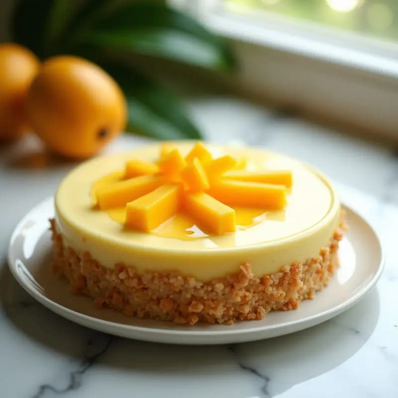 Torte de queso fresco y mango sin horno en molde desmontable, con base dorada de coco y almendras, relleno cremoso y cubos de mango amarillo brillante como decoración. Postre filipino esponjoso y saludable.