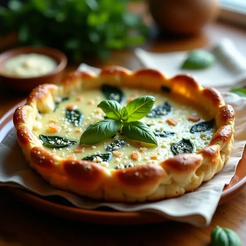 Torte de ricota y espinacas con salsa bechamel dorada en molde rectangular, cortado en porciones cuadradas, mostrando capas de masa fina, relleno cremoso verde y bechamel gratinada, servido en plato blanco rústico.