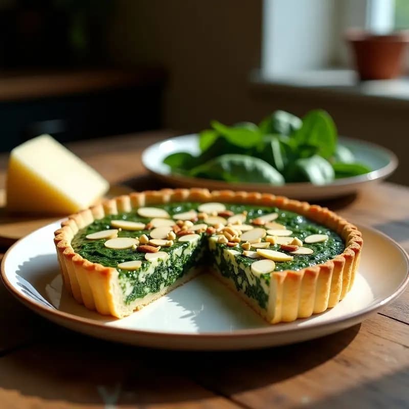 Torte de Ricota y Espinacas con Masa de Almendra en molde desmontable, superficie dorada con piñones tostados visibles, servida en plato blanco con ensalada verde y vinagreta al lado.