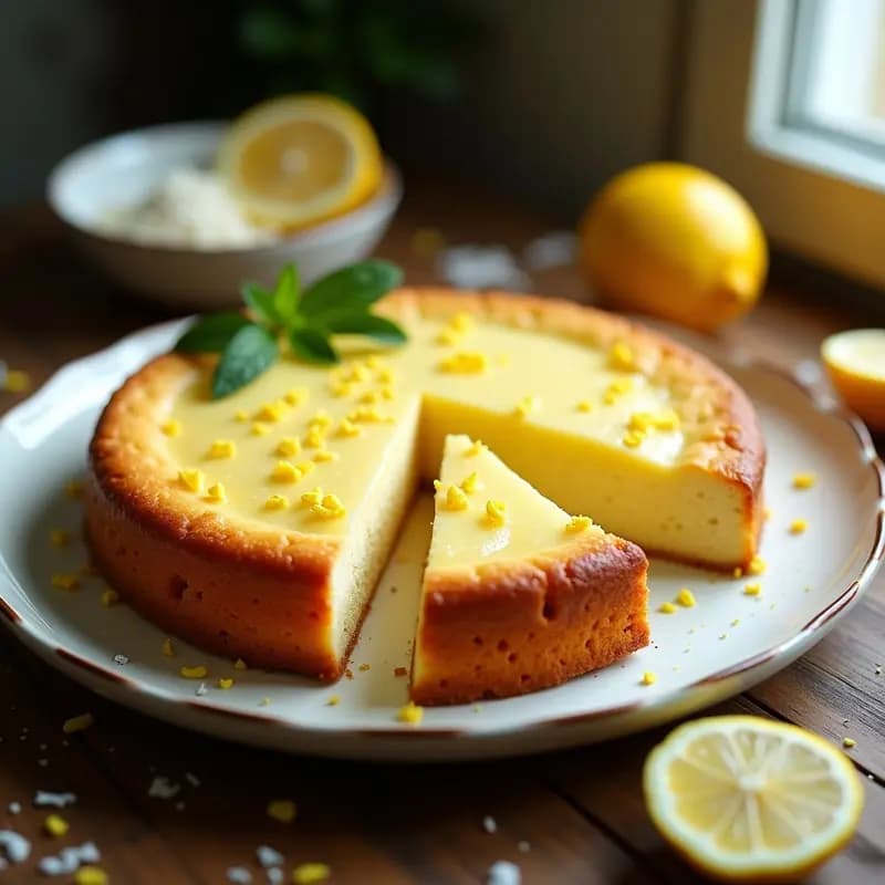Torte de Ricota y Limón sin gluten cortado en porciones, mostrando su miga húmeda y dorada, decorado con ralladura de limón y un hilo de miel sobre un plato blanco rústico. Postre judío tradicional de Pascua.
