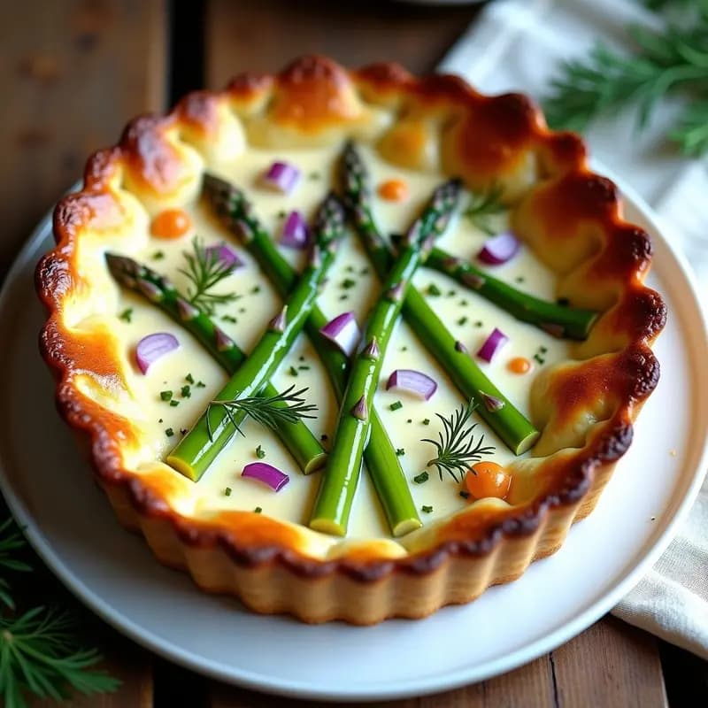 Torte alemana de ricotta y espárragos con costra dorada de almendras, servida en plato blanco con hojas de eneldo fresco. Receta sin harina, alta en proteína y horneada a la perfección.