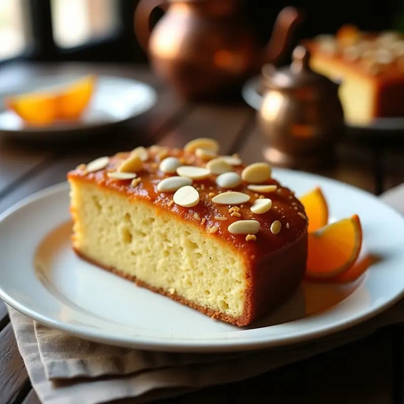 Torte de Santiago dorado con almendras fileteadas y coco rallado, servido en plato blanco con rodajas de naranja y canela espolvoreada, postre chileno sin harina ni azúcar.