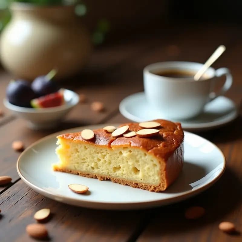 Torte de Santiago dorada con harina de almendra, decorada con almendras fileteadas y canela, cortada en porción para mostrar su interior húmedo con vetas de compota de membrillo. Postre chileno sin gluten y sin lactosa.