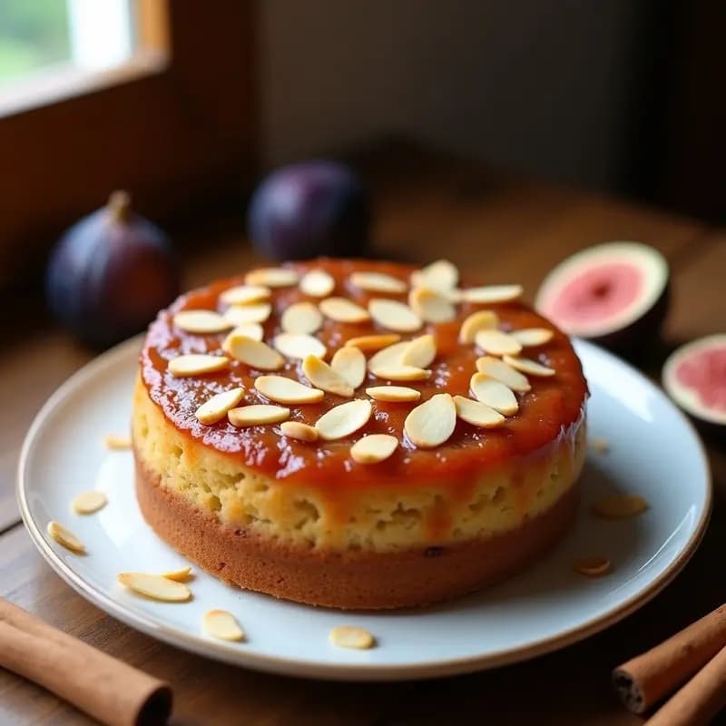 Torte de Santiago chileno sin harina, con base dorada de almendras y capa brillante de mermelada de higos, decorado con almendras fileteadas tostadas. Postre tradicional servido en plato rústico de cerámica.