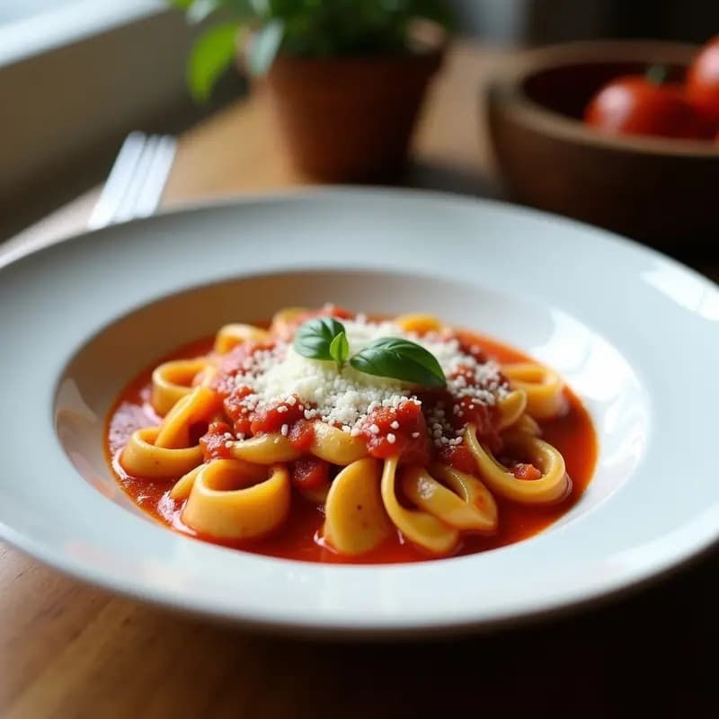 Plato blanco con tortelli de zucca rellenos de calabaza y amaretto, bañados en salsa amatriciana con guanciale crujiente y espolvoreados con queso pecorino rallado, sobre fondo de madera rústica.