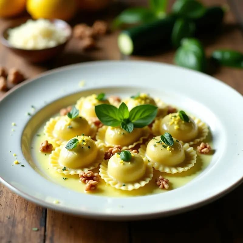 Plato blanco elegante con tortelli de zuccini rellenos de ricotta y limón, decorados con nueces picadas, albahaca fresca y flor de calabacín, acompañados de un hilo de aceite de oliva virgen extra.