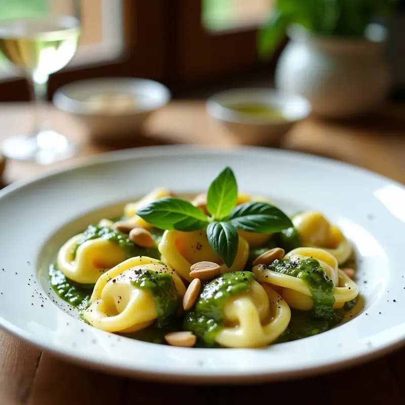 Plato blanco con tortellini de calabacín rellenos de ricotta de anacardos, bañados en salsa verde de albahaca, decorados con piñones tostados y hojas de albahaca fresca.