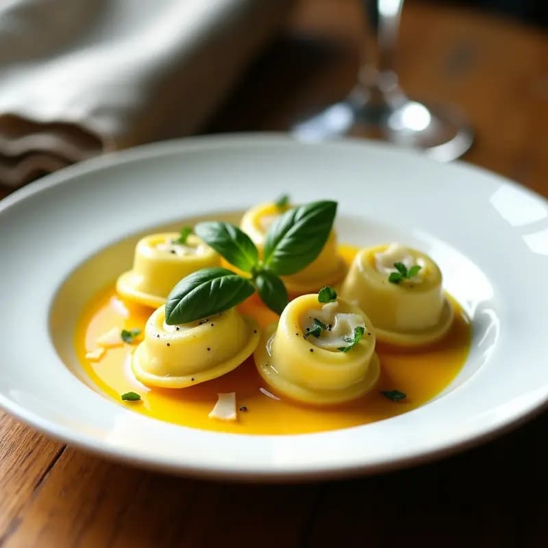 Plato blanco elegante con tortellini de calabacín y ricotta bañados en una salsa dorada de azafrán, decorados con hojas de albahaca fresca y virutas de parmesano, receta italiana ligera y sin harina.