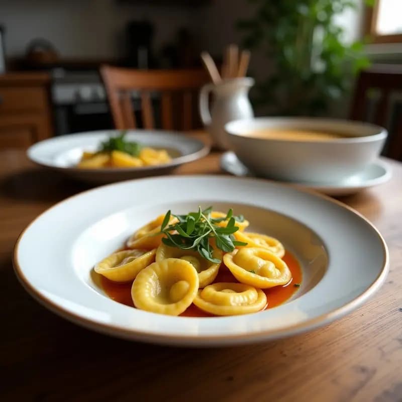Plato blanco elegante con tortellini de calabaza y ricotta sin gluten sobre salsa cremosa de calabaza y cebolla, decorados con hojas de salvia fresca y virutas de Parmigiano Reggiano.