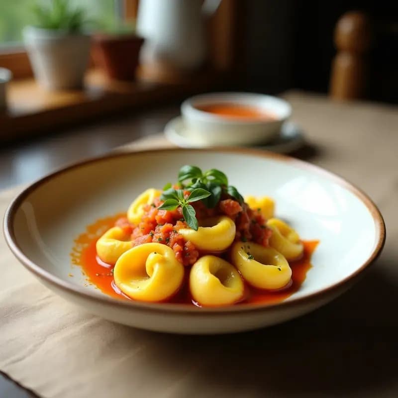 Plato blanco elegante con tortellini de calabaza y ricotta bañados en salsa cremosa de parmesano y salvia, decorados con hojas de salvia frita y virutas de parmesano, sobre fondo rústico de madera.