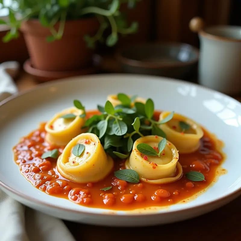 Plato blanco con tortellini de calabaza y ricotta vegana bañados en salsa de cebolla y salvia, decorados con hojas de salvia fritas y un toque de nuez moscada rallada.