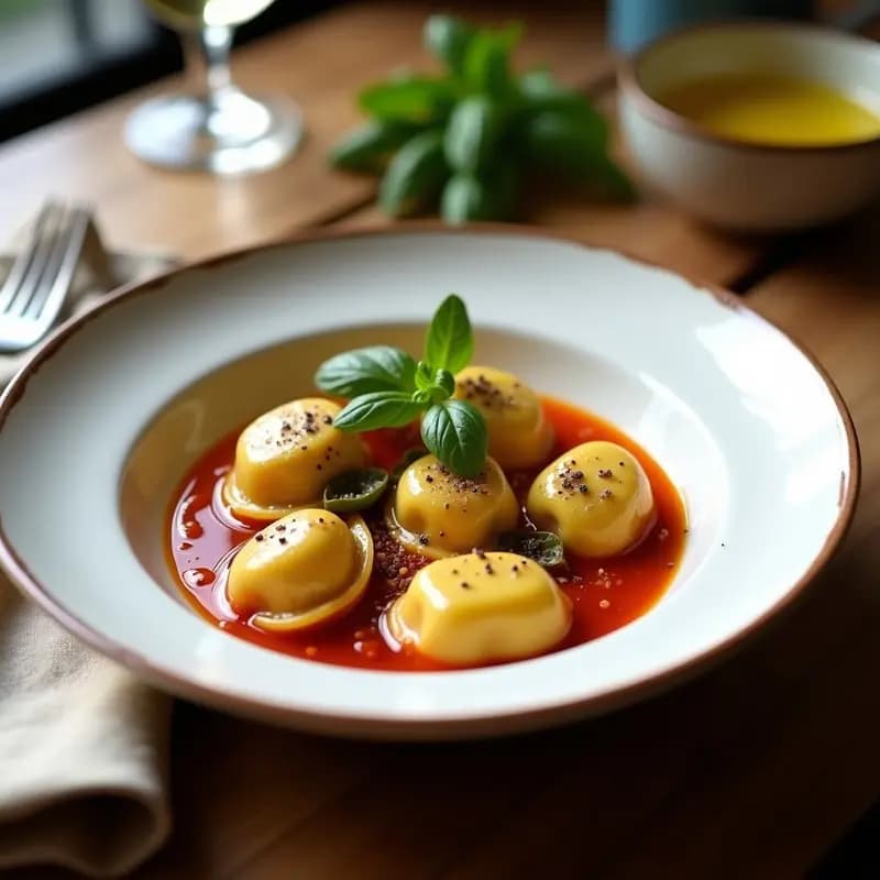 Plato hondo blanco con tortellini veganos rellenos de hongos portobello y trufa, bañados en salsa de tomate cherry y albahaca fresca, con un chorrito de aceite de trufa negra. Presentación elegante con fondo rústico de madera y copas de vino.