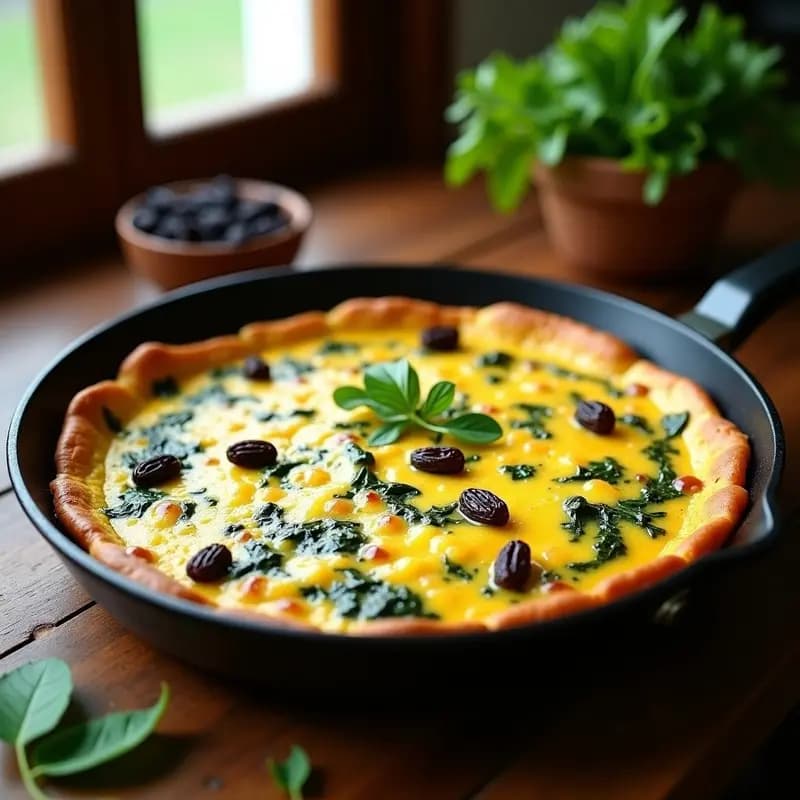Tortilla de acelgas y pasas dorada en sartén antiadherente, con trozos de acelga y pasas visibles, receta tradicional española con toque dulce y salado.