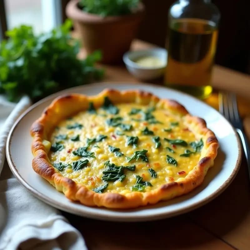 Tortilla de acelgas y patata sin lactosa servida en plato blanco, con trozos de patata y acelgas visibles, dorada por encima y con textura esponjosa.