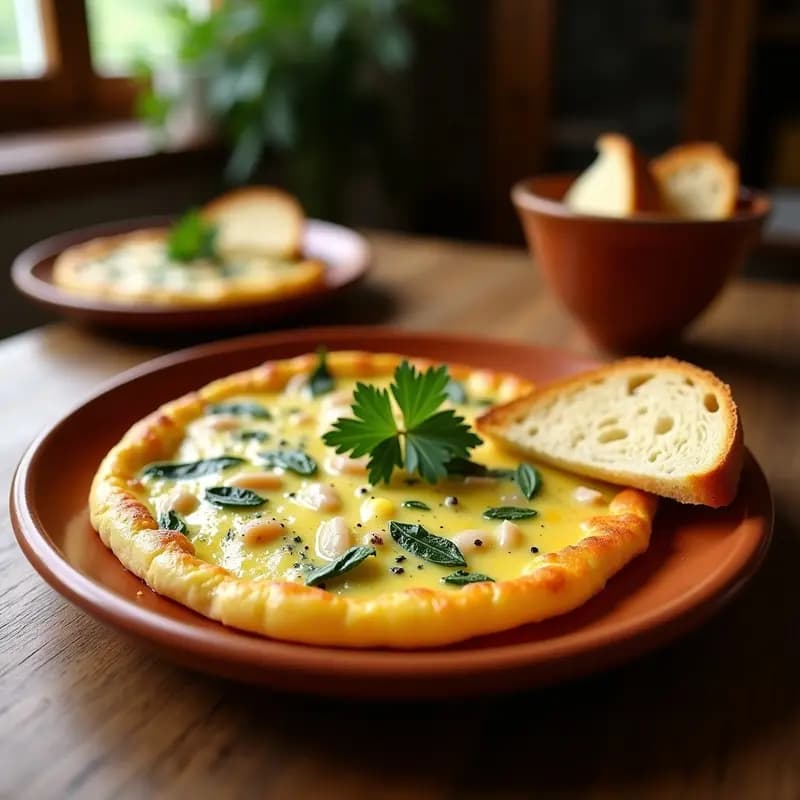Tortilla dorada y esponjosa de ajo tierno y bacalao desalado servida en plato rústico de barro, con trozos de ajo tierno verde asomando y bacalao desmenuzado. Acompañada de una rebanada de pan tostado y un poco de perejil fresco espolvoreado.