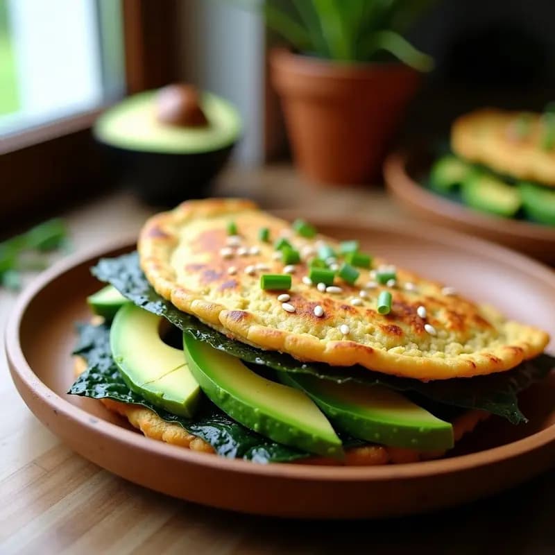 Tortilla vegana dorada con trozos de aguacate verde y tiras de alga nori negra, decorada con semillas de sésamo y cebollino fresco sobre un plato de madera.